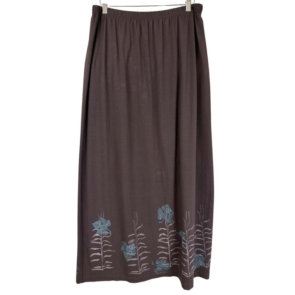 Blue Fish Brown Hand Printed Floral Maxi Skirt Med / Lg  USA Art to Wear